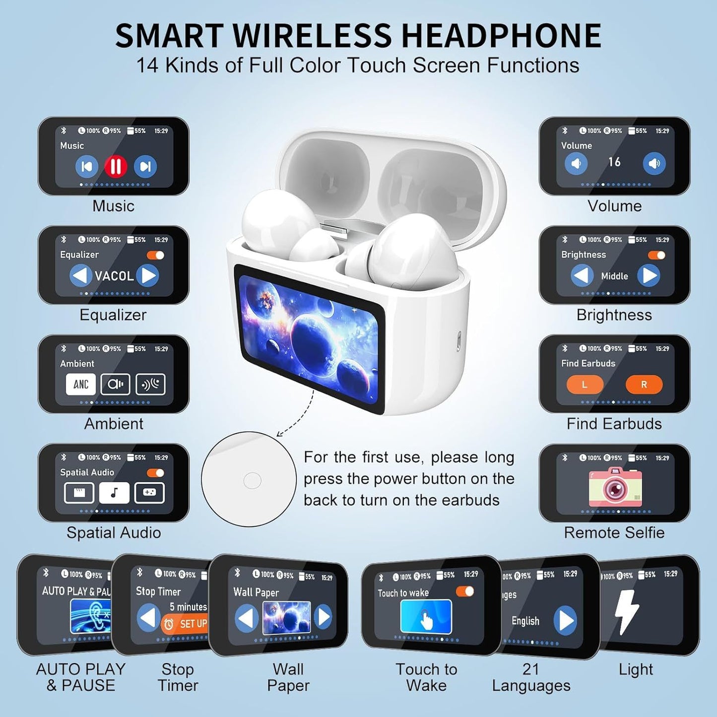 Wireless Fitness Earbuds – Bluetooth 5.4, Touchscreen Case, ANC Noise Cancelling, Mic | iOS & Android Compatible