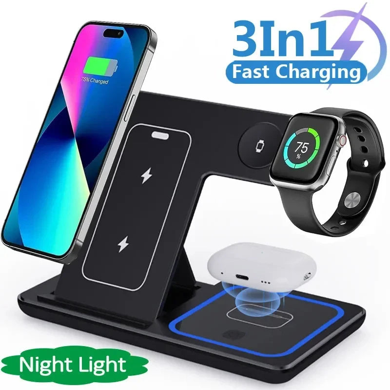 15W 3-in-1 Wireless Charging Stand – Fast Qi Charger for Phone, Smartwatch & Earbuds