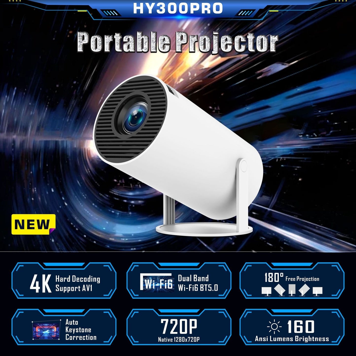 HY300 Pro Mini Projector – Home Theater, 130" Display, WiFi, HDMI, Bluetooth