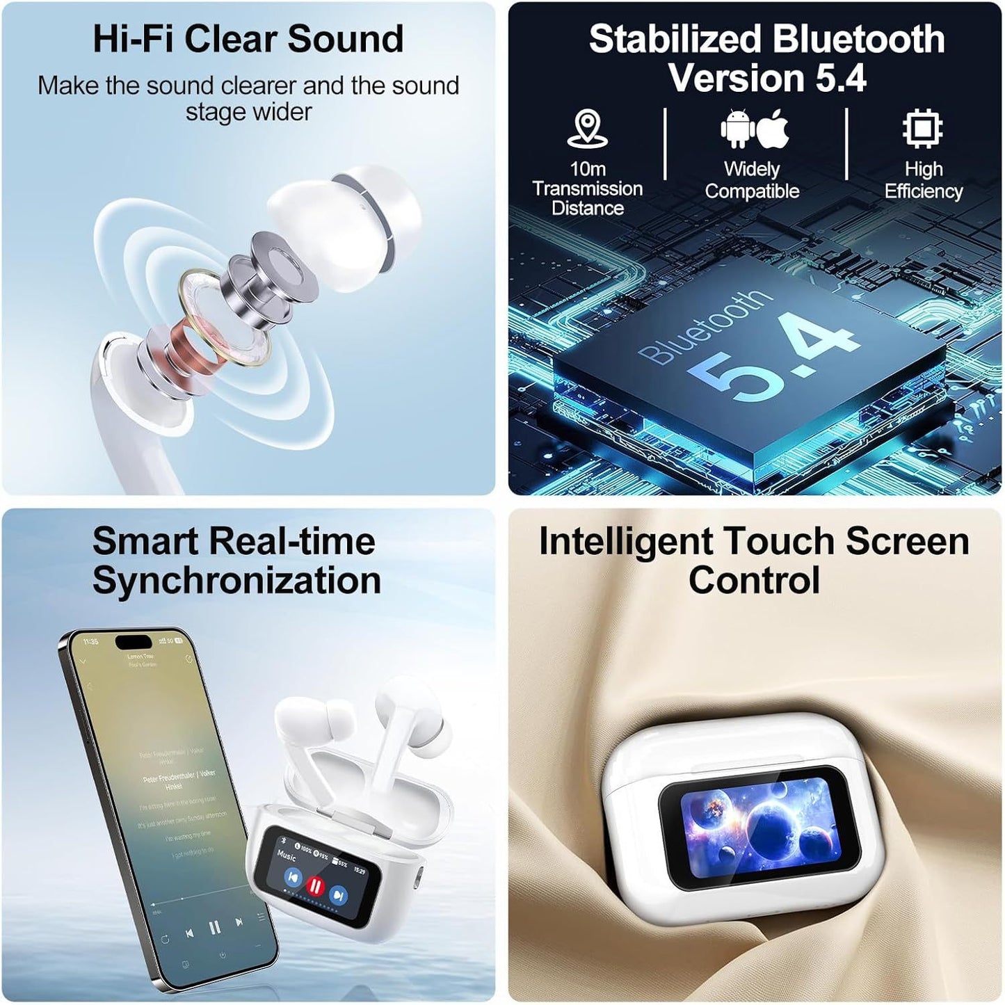 Wireless Fitness Earbuds – Bluetooth 5.4, Touchscreen Case, ANC Noise Cancelling, Mic | iOS & Android Compatible